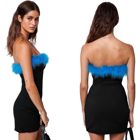 Tiger Mist Women's Black Strapless Mini Dress with Blue Feather Trim Size Small - Picture 1 of 7